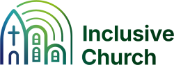 Inclusive Church new core logo with rainbow beam above a cluster of buildings, one with a cross.